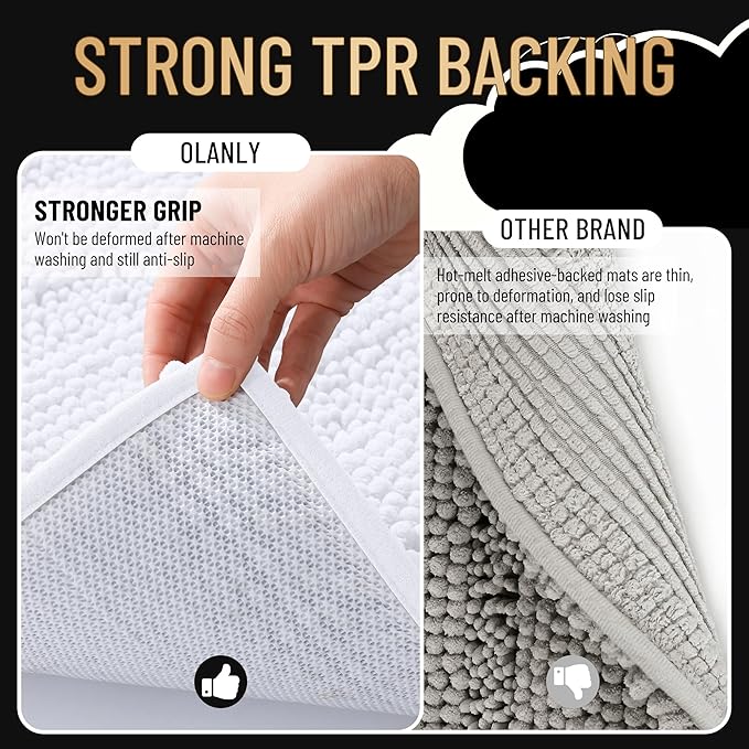 OLANLY Thick Bathroom Rugs 36x24, Extra Soft Absorbent Chenille Striped Bath Rugs, Rubber Backing, Machine Wash Dry, Bath Mats for Bathroom Floor, Tub and Shower, Home Decor Accessories, White