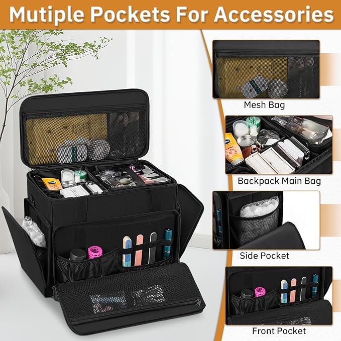 FREEAMG Extra Large Makeup Case with 4 Removable Pouches, Professional Make up Train Case, Travel Cosmetic Bag for Hairstylists Nail Tech Makeup Artist with Shoulder Strap and Handle (Black)（Bag only）