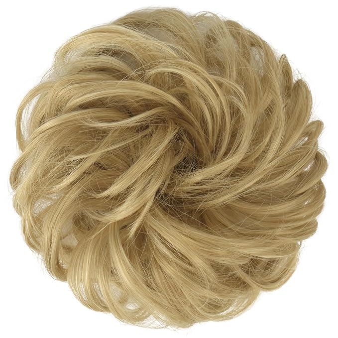 FESHFEN Messy Bun Hair Piece - Wavy Synthetic Chignon Scrunchies for Instant Volume, Elastic Bun Ponytail Hair Extensions Thick Hairpieces for Women, Light Golden Blonde 1.50 oz
