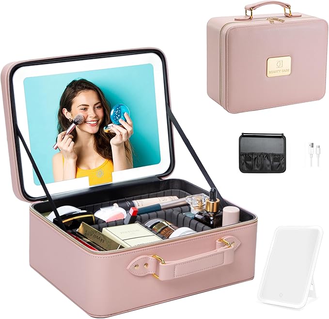 ZhenGuiRu Makeup Bag with LED Mirror, Portable Makeup Artist Organizer Case with Lighted Mirror, Travel Makeup Bag for Women Cosmetic Brush Holder Storage, Pink Makeup Gift for Girls
