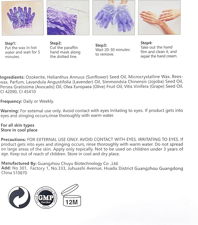 10-Minute Paraffin Hand Treatment, Home Hand Wax Spa Treatment Gloves, Lavender, One-Pair