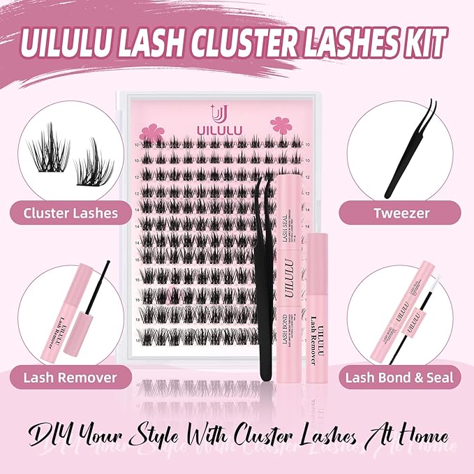 Lash Clusters Kit 10-18mm Natural Lashes Clusters D Curl False Eyelash Clusters, DIY Lash Extension Kit with Lash Bond & Seal, Lash Glue Remover, Lash Tweezers