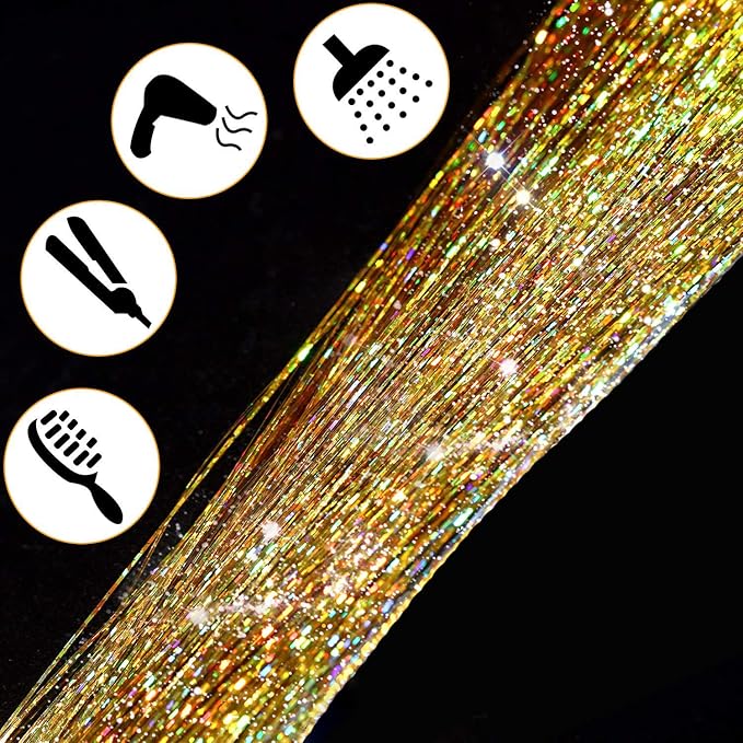 47" Holographic Hair Tinsel KIt Shining Gold Professional Sparkle Heat-Resistant Silk Extensions, Easy to Apply, Hair Accessories for Girls, Party Hair, Gifts for Girls (1000 Strands, Shining Gold)