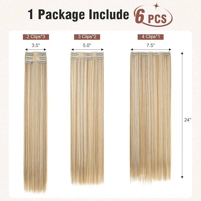 FLUFYMOOZ 6PC Clip in Hair Extensions 24" Straight Long Extensions for Women Synthetic Hairpiece (Dark Blonde with Highlights)