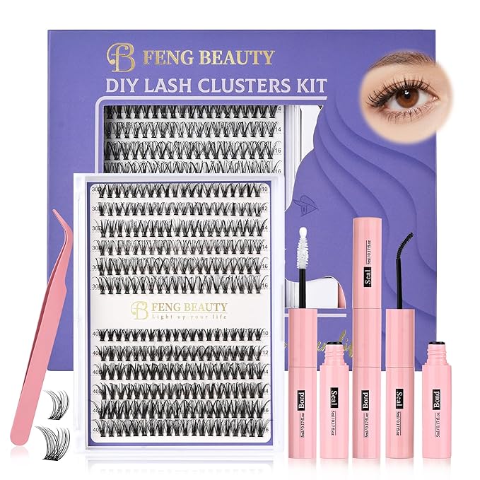 DIY Lash Clusters Kit, 240PCS 30D+40D Mixed Lengths 10–16mm, Natural Wispy Fluffy Look, 2-in-1 Bond&Seal+Precision Tweezer, Lashes Extension Kit (0.07D, 10-16mm, Individual Lashes Kit)