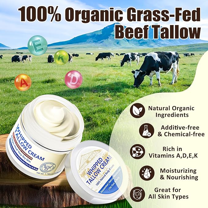 JIIANERY Beef Tallow for Skin, Natural Beef Tallow for Face, 100% Organic Grass Fed Finished Whipped Tallow and Honey Balm, Tallow Cream for Skin Care, Tallow Face Moisturizer Body Lotion