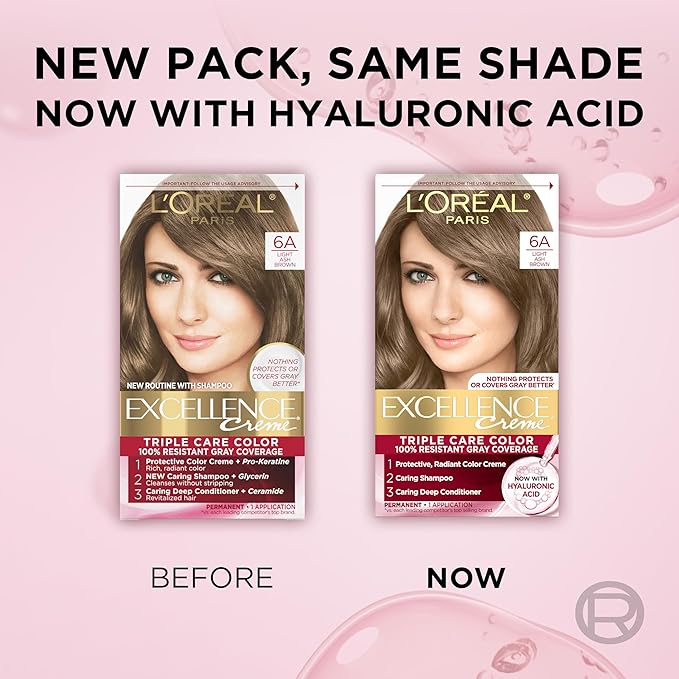 L'Oreal Paris Excellence Crème Permanent Hair Dye, Triple Care Hair Color with Hyaluronic Acid for 100% Gray Coverage, 6A Light Ash Brown, 1 Kit (Packaging May Vary)