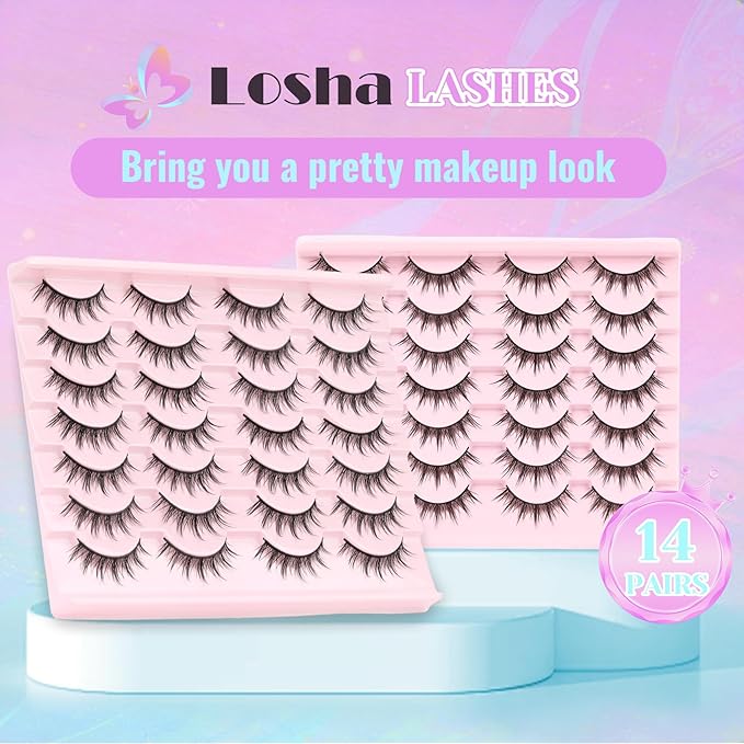 Losha Lashes Wispy Manga Lashes 14 Pairs Anime False Eyelashes Natural Spiky Fake Eyelashes Pack (Manga-F)