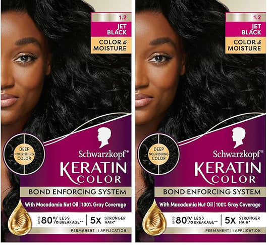 Schwarzkopf Keratin Color, Color & Moisture Permanent Hair Color Cream, 1.2 Jet Black, 1 Kit (Pack of 2)