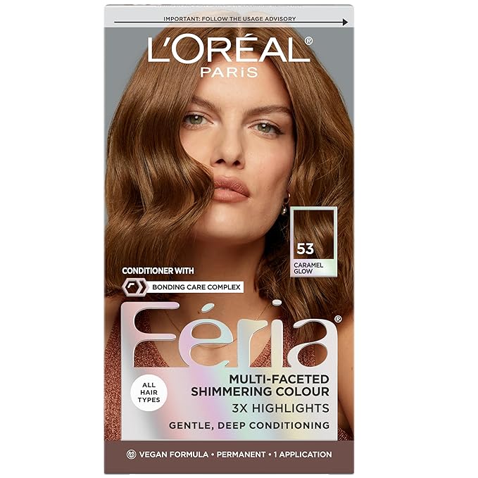L'Oreal Paris Feria Multi-Faceted Shimmering Permanent Hair Color, High Intensity Hair Dye for 3X Highlights, 53 Caramel Glow, 1 Kit