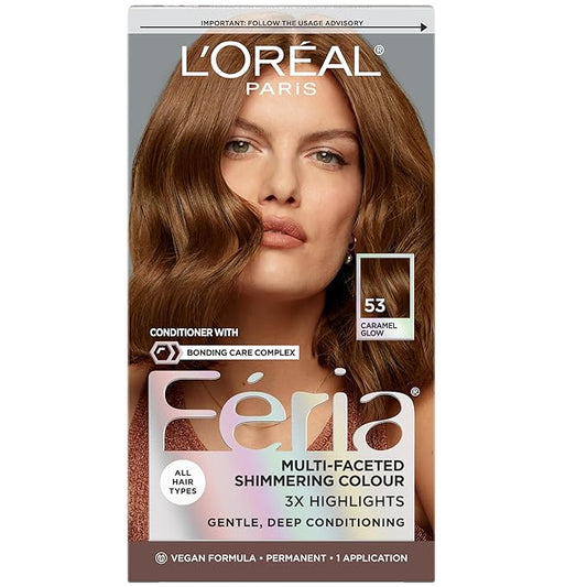 L'Oreal Paris Feria Multi-Faceted Shimmering Permanent Hair Color, High Intensity Hair Dye for 3X Highlights, 53 Caramel Glow, 1 Kit