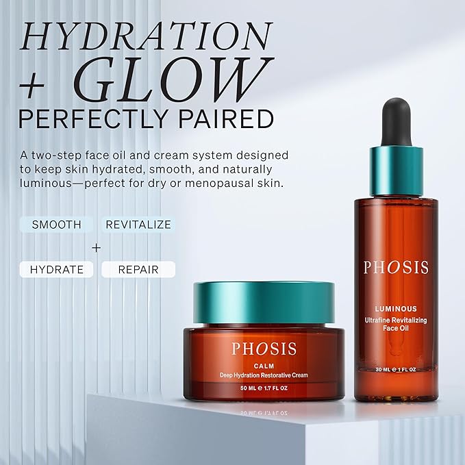 Phosis Revitalizing Face Oil and Luminous Calm Deep Hydration Cream Set - Moisturizer Duo for Dry, Sensitive, & Peri & Menopausal Skin with Vitamin C, Ceramides & Botanicals - 1.7 fl oz + 1.0 fl oz