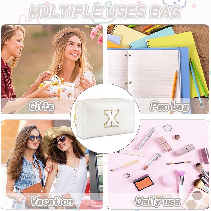 URSKYTOUS Gifts for Girls Initial Makeup Bag Personalized Cosmetic Bag with Zipper Cute Travel Toiletry Bags Waterproof PU Preppy Makeup Pouch Birthday Gift for Teen Girls Women(White X)