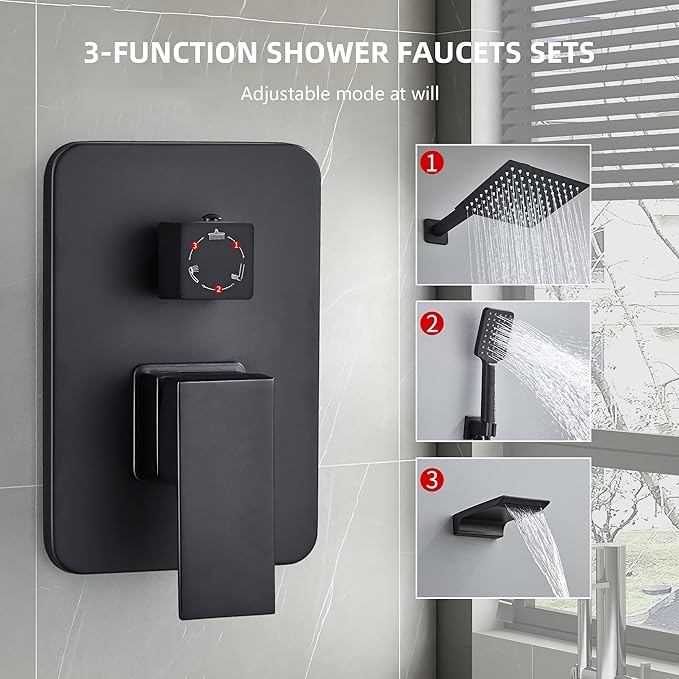 LCEVCGK Shower Faucet Set Complete Matte Black Shower System with 10 inch Square Rainfall Shower Head 3-Function Handheld Shower Waterfall Bathtub Spout Rain Shower Combo Set Bathroom Wall Mounted
