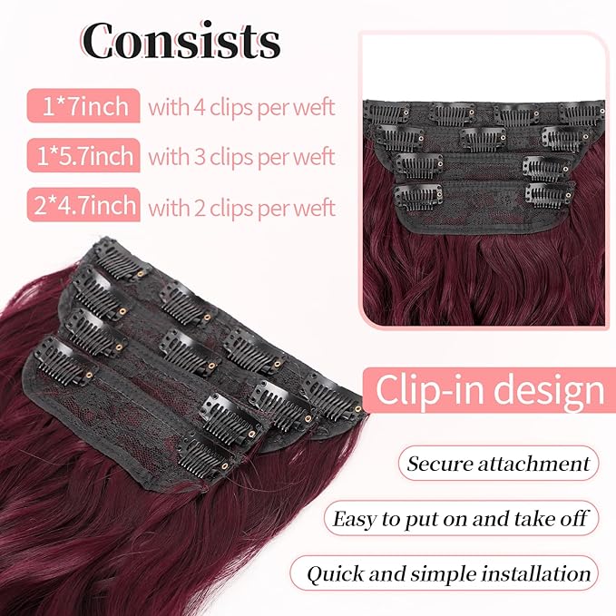 KooKaStyle Burgundy Clip in Hair Extensions for women Synthetic Heat Resistant 4PCS Thick Long Wavy Hairpieces 24 Inch