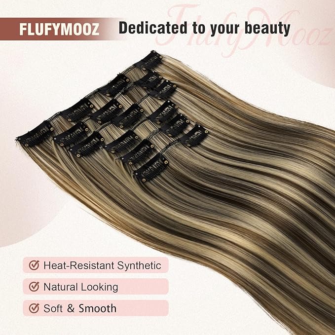 FLUFYMOOZ 6PC Clip in Hair Extensions 24" Straight Long Extensions for Women Synthetic Hairpiece (Deep Brown with Dirty Blonde)