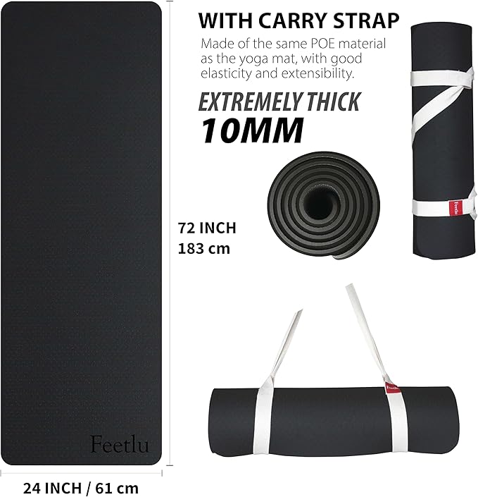 Extra Thick Exercise Yoga Mat with Strap - 2/5 Inch (10MM), Non-Slip Workout Mat for Yoga, Pilates, and Floor Exercises