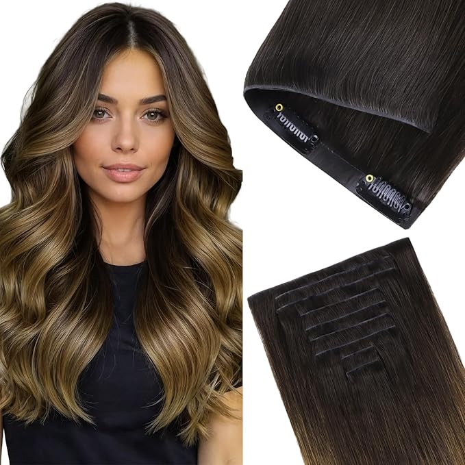 GOO GOO Invisi Edge Clip in Hair Extensions, 20inch 150g 7Pcs, Injected Seamless PU Clip in Hair Extensions, Virgin Real Human Hair, #1D/2C/4E Chocolate Dip Color Melt