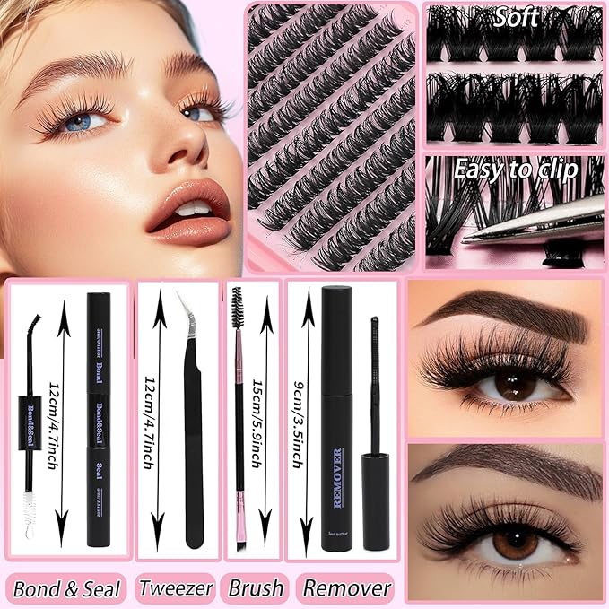 Lash Clusters Kit, Eyelash Clusters Individual Lash Extension Kit 480 Pcs D Curl Fluffy Wispy False Eyelashes Extensions Thin Band with Bond Seal Tweezers Brush Removers (80D+100D KIT9-16mm)