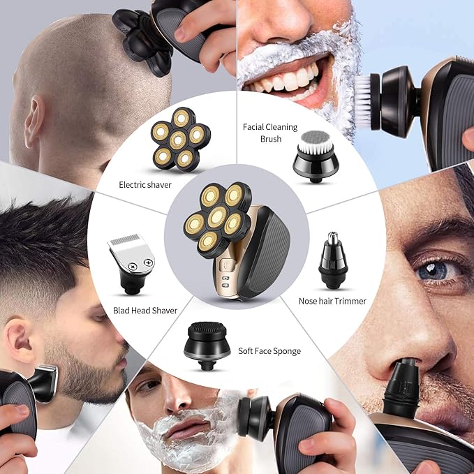 Head Shavers for Men - Upgraded Multifunctional Bald Head Shaver, Waterproof Electric Razor for Men Cordless Rechargeable Shaving Grooming Kit (Gold)