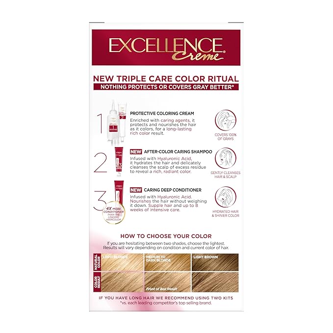 L'Oreal Paris Excellence Crème Permanent Hair Dye, Triple Care Hair Color with Hyaluronic Acid for 100% Gray Coverage, 8 Medium Blonde, 1 Kit (Packaging May Vary)