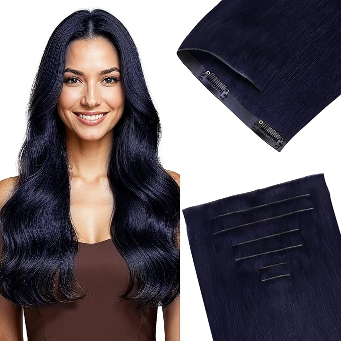 GOO GOO Invisi Edge Clip in Hair Extensions 18inch 120g 7Pcs Injected Seamless PU Clip in Hair Extensions, Virgin Real Human Hair, #1G Blue Black