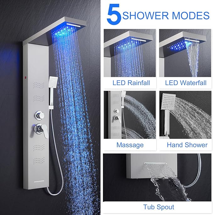 TSIBOMU Shower Panel Tower System with LED Lights, Stainless Steel 5 in 1 Shower Panel with Rainfall Waterfall Shower Head, Body Spray, Handheld Shower, Tub Spout (Brushed)