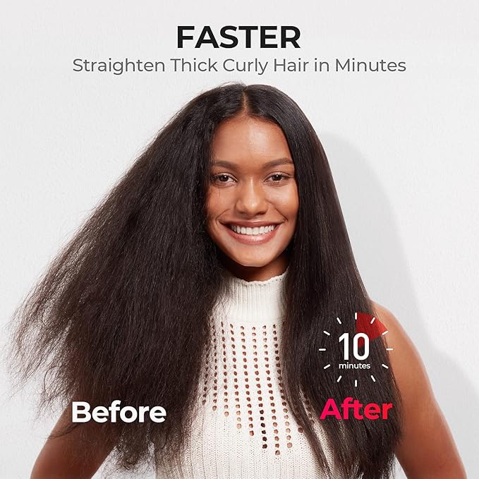 TYMO Hair Straightener Brush - Upgraded Ionic Plus Straightening Brush with Dense Bristles, 16 Temps, Dual Voltage | Ceramic Hot Comb for Women | Flat Iron for Thick Curly Hair, Black