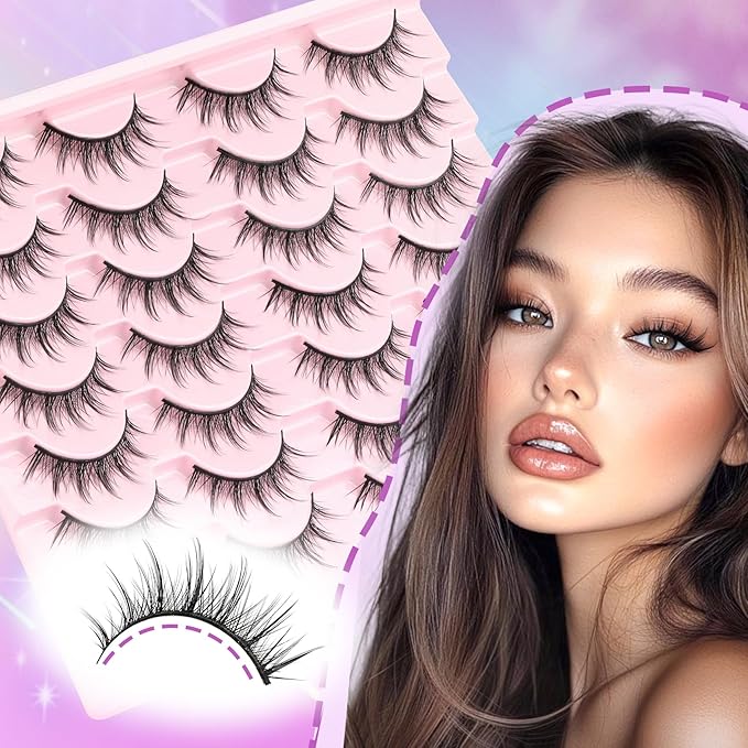 Losha Lashes Natural Manga Lashes 14 Pairs Wispy False Eyelashes Asian Anime Eye Lashes Kit with Lash Glue and Lash Tweezers Soft Fake Eyelashes (Manga)