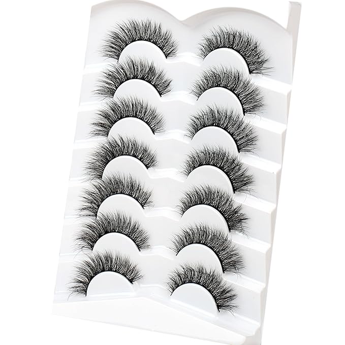 Pooplunch False Eyelash Cat Eye Volume Wispy Strip Lashes Natural Short Fluffy Volume Faux Mink Fake Eyelashes 7 Pairs Pack