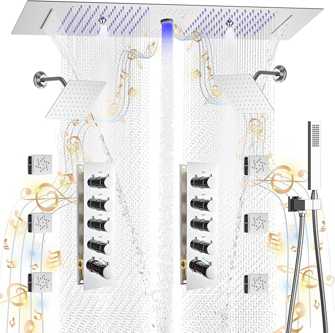 KATAIS Shower System with 12X35 inch Overshower and Dual Side ShowerHead(8 inch), 6 PCS Body Jet and HandHeld Spray, Dual Thermostatic Valve Kit Can Achieve 8 Shower Functions, Chrome