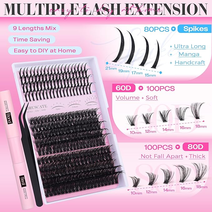 CORUSCATE Lash Clusters Kit 60D80D with Lash Spikes Eyelash Clusters Volume Cluster Eyelash Extensions Kit 10-21mm DIY Spiky Individual Lashes Extension Kit Mega Eyelashes Mink Strip Cluster Lashes