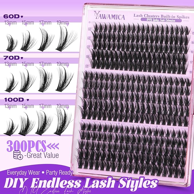 Lash Clusters with Spikes Manga Lash Clusters 300PCS Wispy Volume Cluster Eyelash Extensions 60D 70D 100D Mixed 13-19mm Eyelash Clusters DIY Individual Lashes Extension for Anime Lash Look by Yawamica