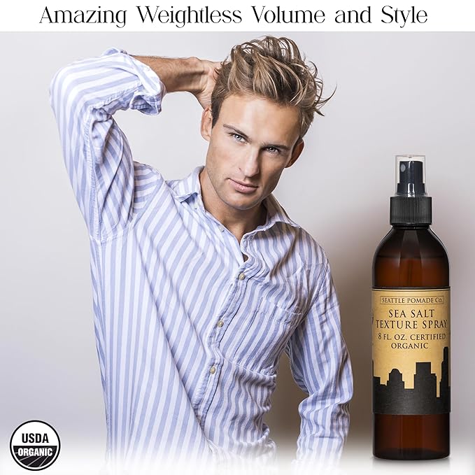 Seattle Pomade Co. Certified Organic Sea Salt Texture Spray. Made with organic materials from around the world.