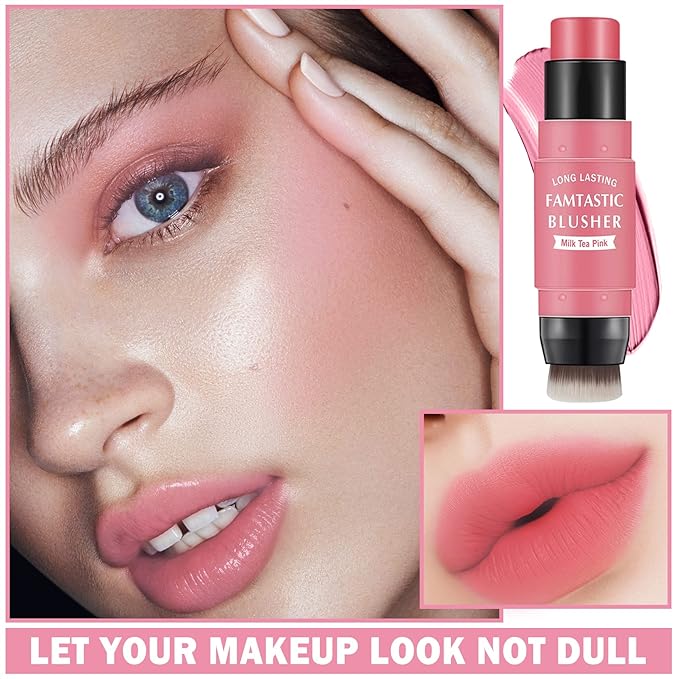 Cream Blush Stick with Brush,Waterproof Blush Makeup,Long Lasting Cherry Pink