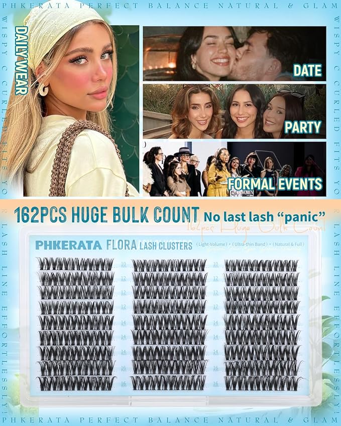 Flora Lash Clusters Wispy Eyelash Clusters 162pcs Natural Cluster Eyelash Extensions Ultra-thin Band Cluster Lashes C Curve Lash Extension DIY Soft Individual Lashes, 10-16mm
