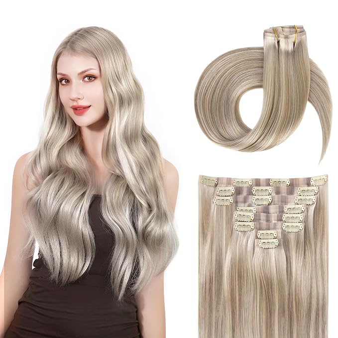 Clip in Hair Extensions Real Human Hair Seamless Clip Ins 100% Remy Hair Extensions PU Skin Weft Add Volume Ash Blonde Highlights Thick&Invisible #P18/613 20Inch 120G 8PCS