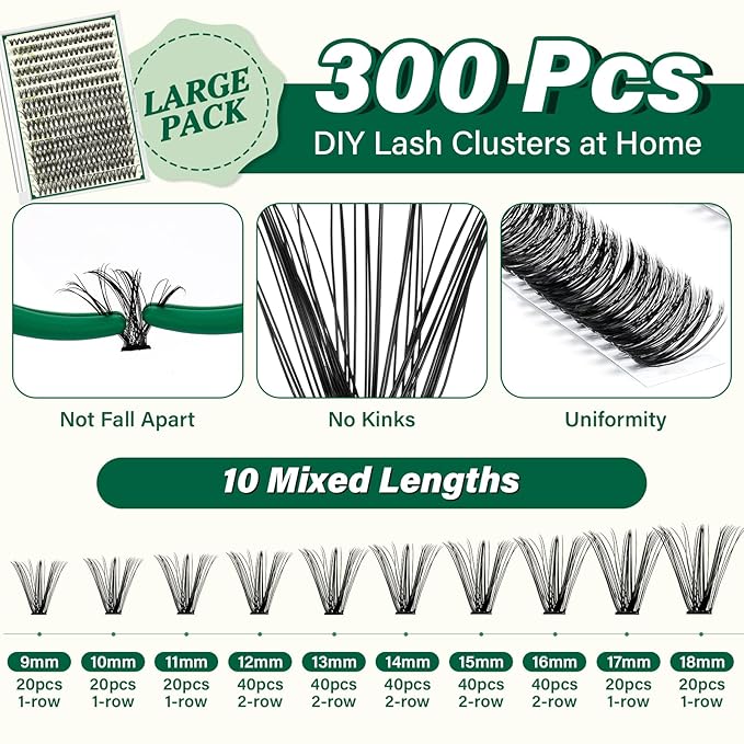 KEYYOU Lash Extension Kit DIY 300Pcs Lash Clusters Kit 40D 0.07 D Curl 9-18MIX Eyelash Extension Kit Individual Lashes Kit with Lash Bond and Seal, Lash Tweezers and Remover for Self Use