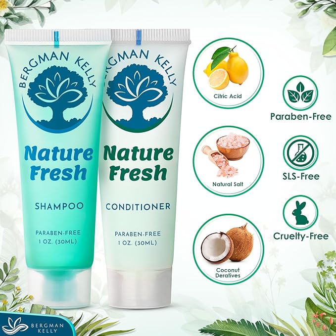 Bergman Kelly - Travel Shampoo and Conditioner Set - 1 fl oz, 100 Pieces, Nature Fresh - Delight Your Guests with Refreshing & Soothing Hotel Toiletries and Guest Hospitality in Bulk