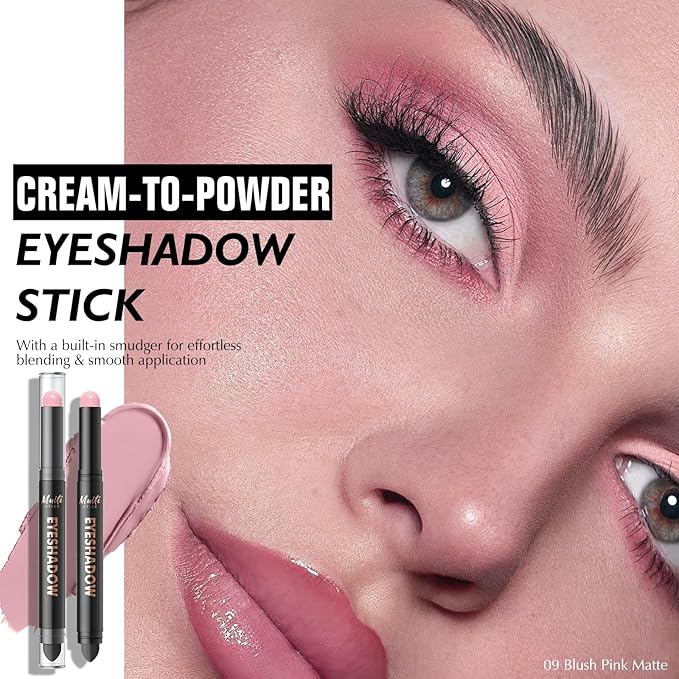 Dual-Ended Pink Eyeshadow Stick - Long-Lasting Cream Eye Shadow Stick Crease-Proof Matte Eyeshadow Pencil, Easily Blendable Multi-Use Eyeliner Eye Brightener Makeup with Built-in Smudger, 09