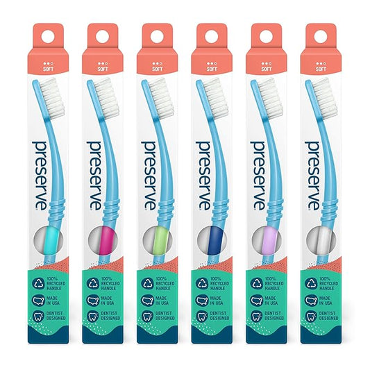 Preserve Eco Friendly Adult Toothbrushes, Made in The USA from Recycled Plastic, Ultra Soft Bristles, Paperboard Package, Colors Vary, 6 Count (Soft)