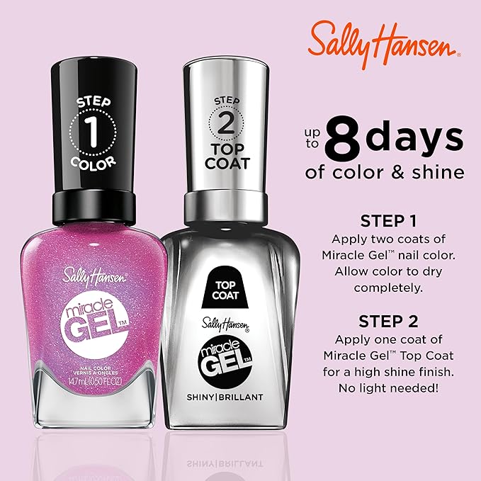 Sally Hansen Miracle Gel Salon Quality Nail Polish | Gel-Like Formula, Two-Step System, No UV Light Needed, Long Lasting | Opaque, Shimmer | 512 Quartz And Kisses | Fuchsia Pink Nail Color