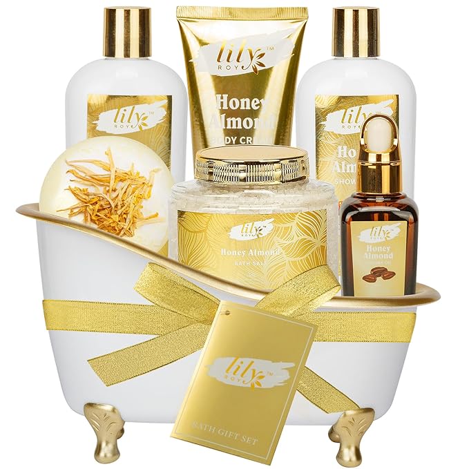 Valentines Day Gifts for Women - 7-Piece Honey Almond Spa Gift Set, Bath & Body Gift Set, Bath Collection | Mothers Day Gifts for Mom, Fathers Day, Birthday, Christmas Gift, Holiday Present for Women