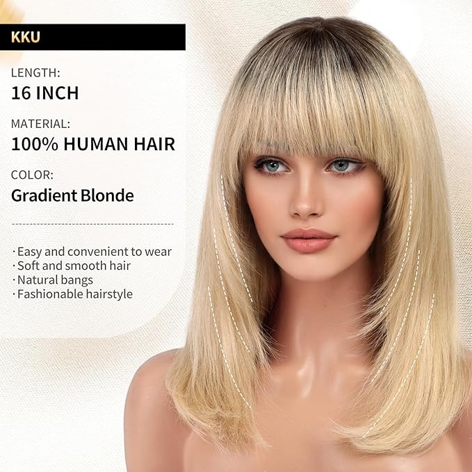 KKU 16 Inch Gradient Blonde Human Hair Wigs for Women,Layered Straight Human Hair Wig with Bangs, Wear Natural Realism for Daily Use
