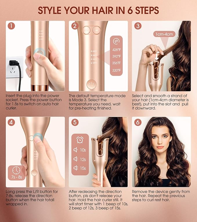 Automatic Curling Iron, Auto Hair Curler with 1" Curling Wand Large Slot & 4 Temperature & 3 Timer, Dual Voltage Anti-Tangle Rotating Curling Iron with Auto Shut-Off for Hair Styling, Champagne