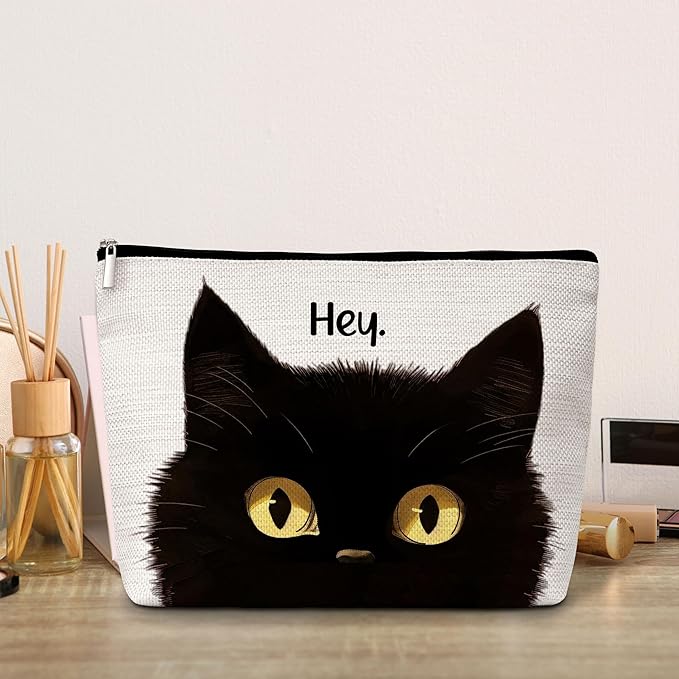 GREOXG Hey Black Cat Makeup Bag, Small Travel Cosmetic Bag with Zipper, Cute Makeup Pouch Gift Ideas for Women Teen Girls Friends Mom Sisters Teacher Birthday Christmas Wedding Graduation-E07