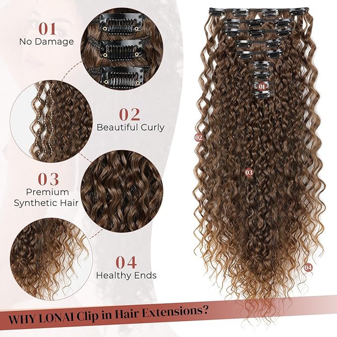LONAI Black Hair Extension,9PCS 22" Curly Clip in Hair Extensions LN002 Long Soft Thick Synthetic Hairpieces for Women-Dark Brown to Caramel Brown