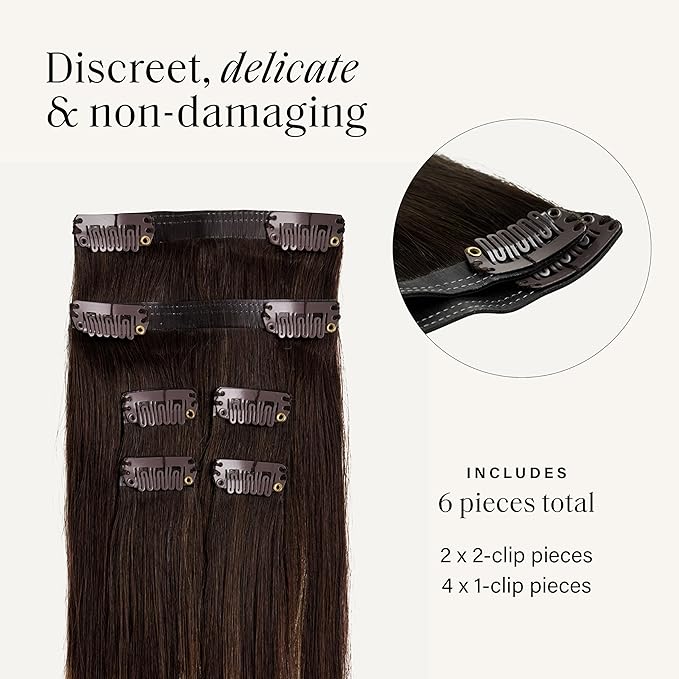 Luxy 100% Remy Human Hair Extensions for Thin Hair Thinning Hair Fill-Ins – 6 Seamless Wefts Multi-Dimensional Color Blend - Natural-Looking Volume & Coverage 80 grams 16" Dark Brown Balayage