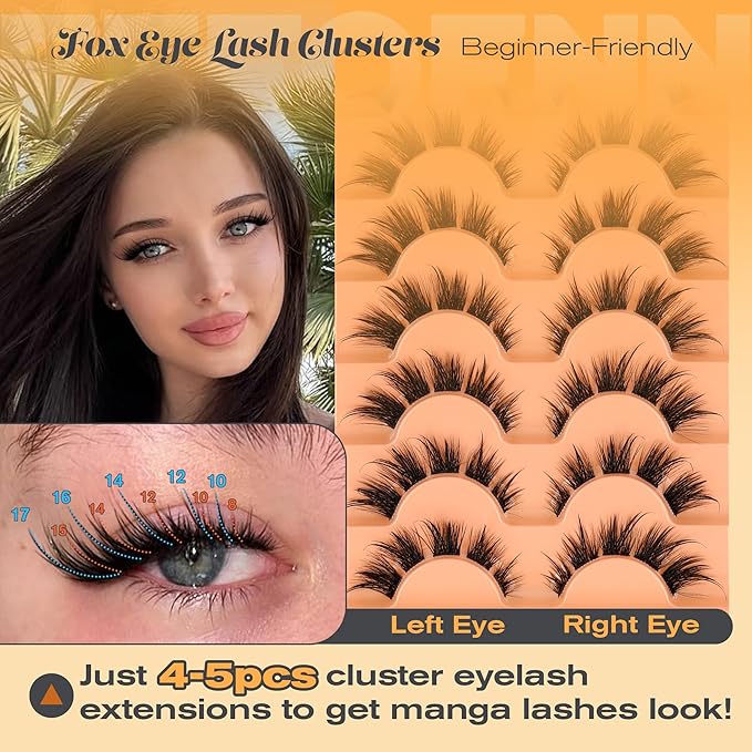 Eefofnn Lash Clusters Manga False Eyelashes Fox Eye Cluster Eyelash Extensions Wispy Individual Lashes Anime Eyelash Clusters Spiky C Curly Lash Extension 8-17mm Fake Lashes 7 Pairs Cluster Lashes
