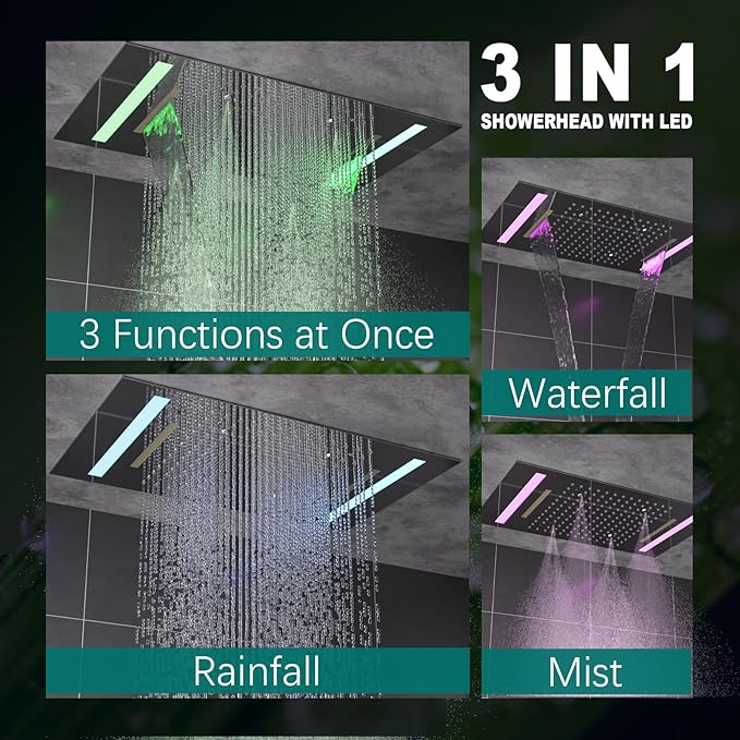 HOMEDEC Luxury 14x20inch LED 3 Functions Rain Shower Head, High-Pressure Rainfall Spray Waterfall Shower Water Filter 3 In 1 Overhead Combo Set, Chrome